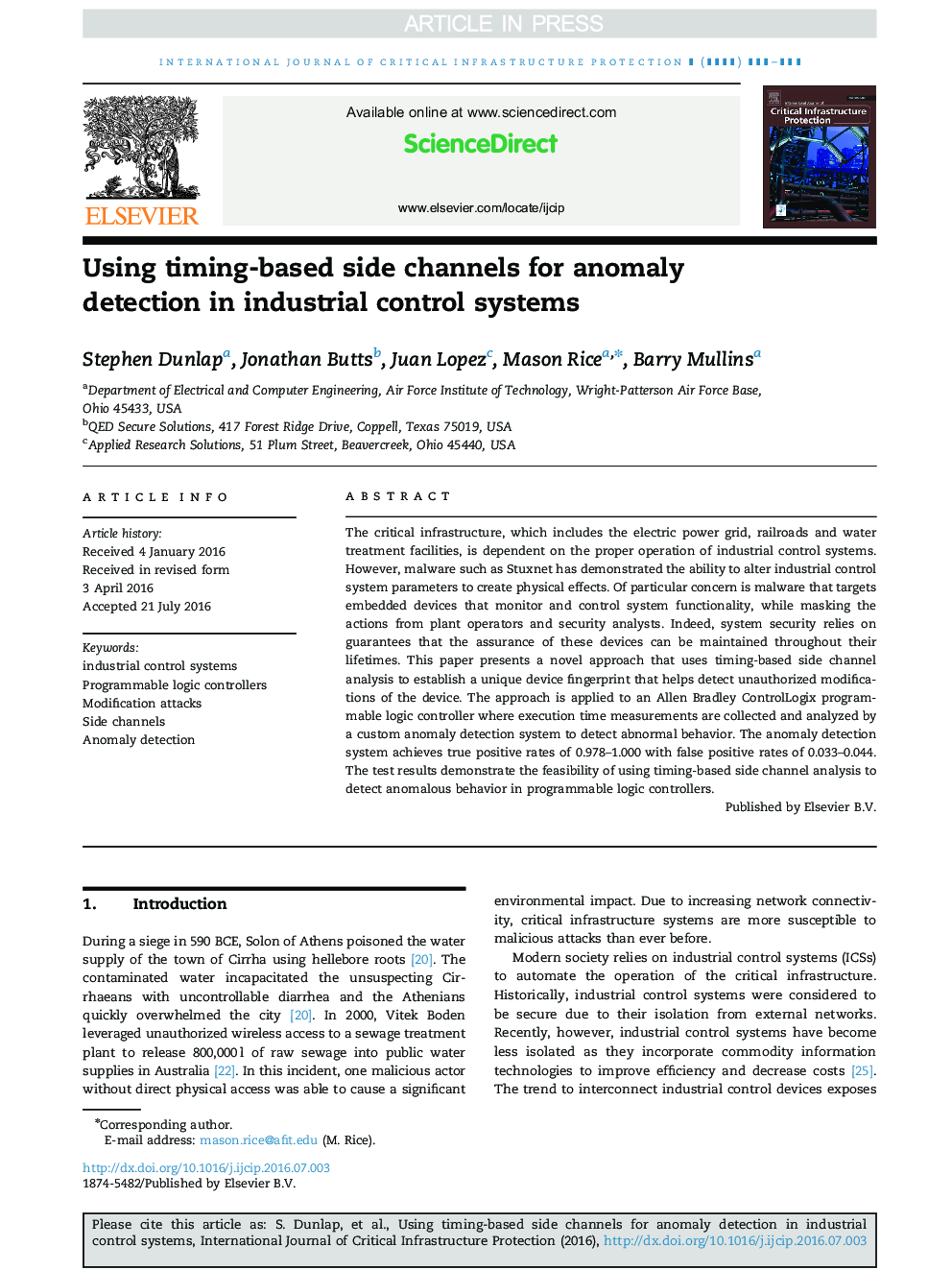 Using timing-based side channels for anomaly detection in industrial control systems