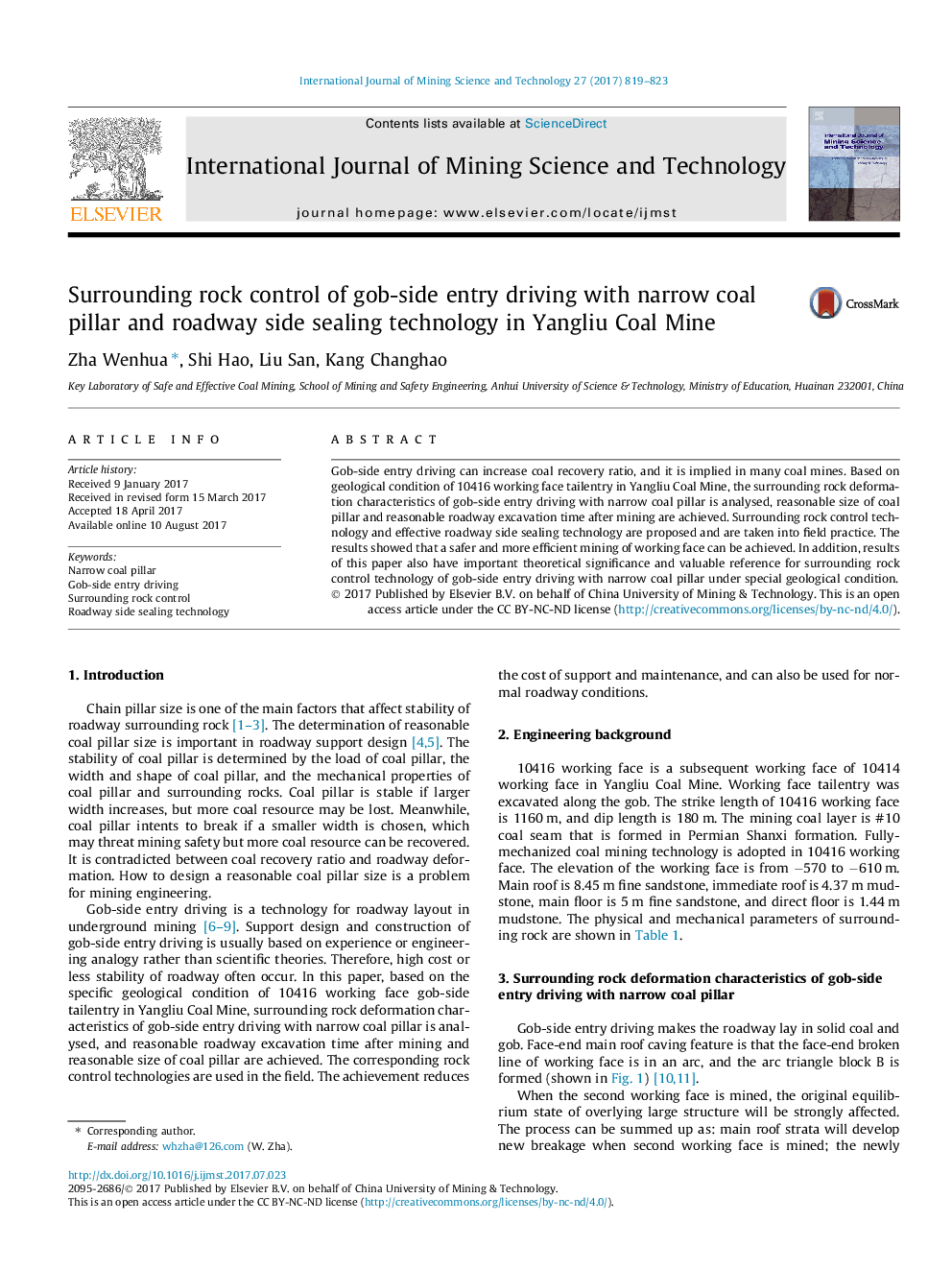 Surrounding rock control of gob-side entry driving with narrow coal pillar and roadway side sealing technology in Yangliu Coal Mine