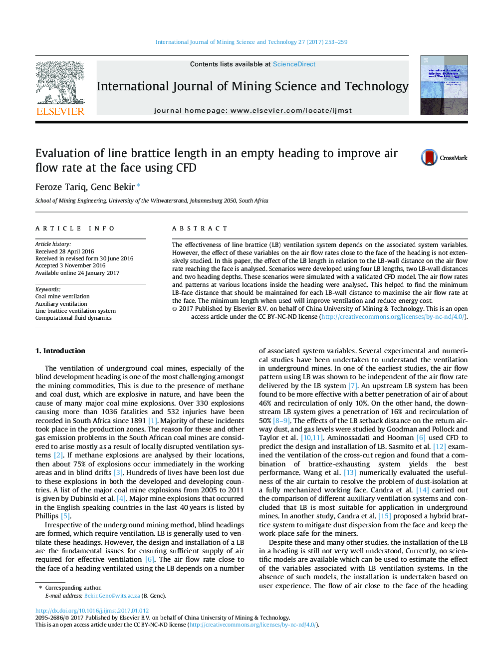 Evaluation of line brattice length in an empty heading to improve air flow rate at the face using CFD