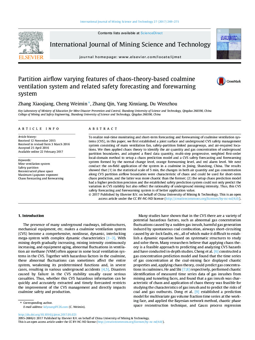 Partition airflow varying features of chaos-theory-based coalmine ventilation system and related safety forecasting and forewarning system