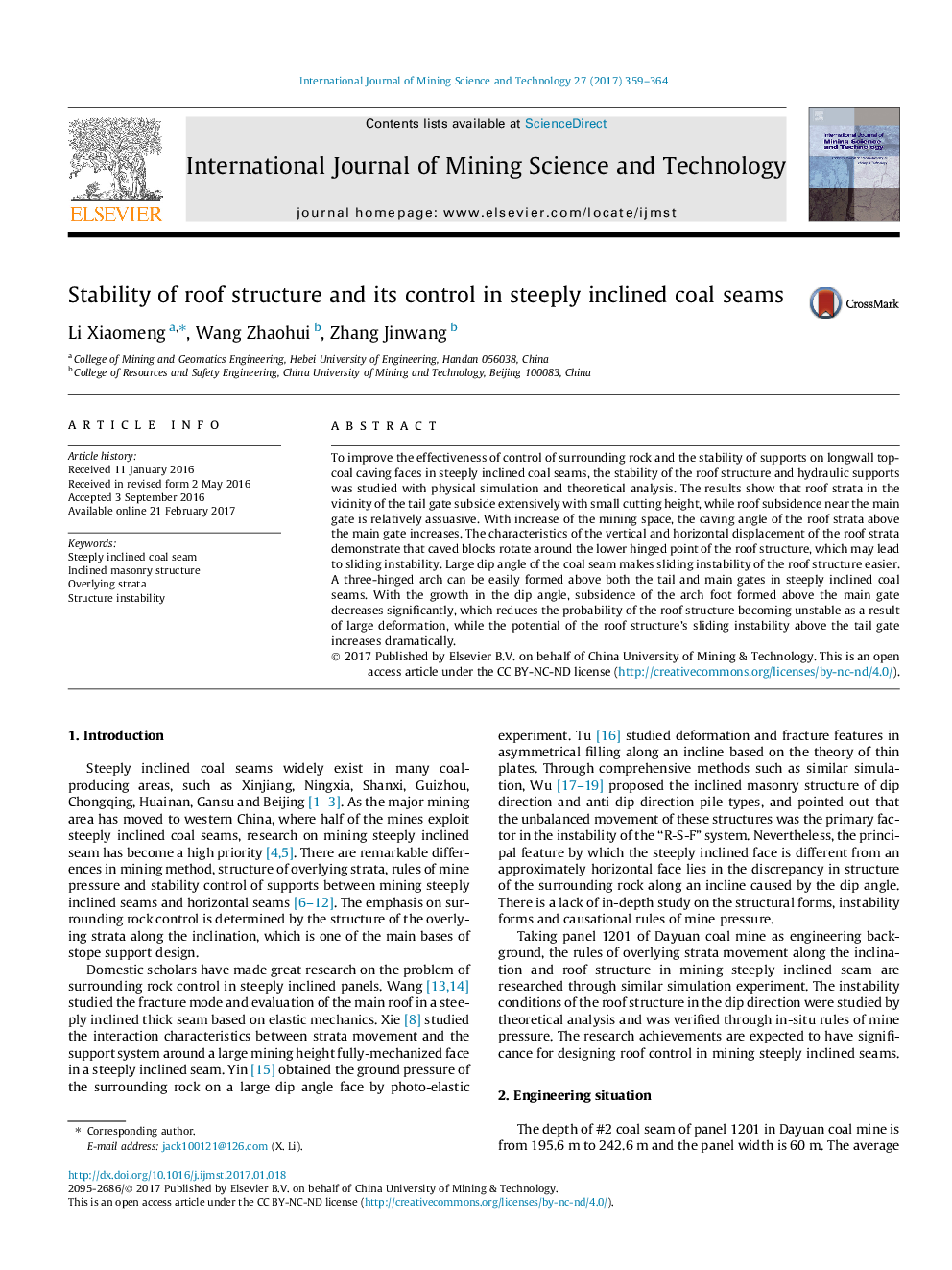 Stability of roof structure and its control in steeply inclined coal seams