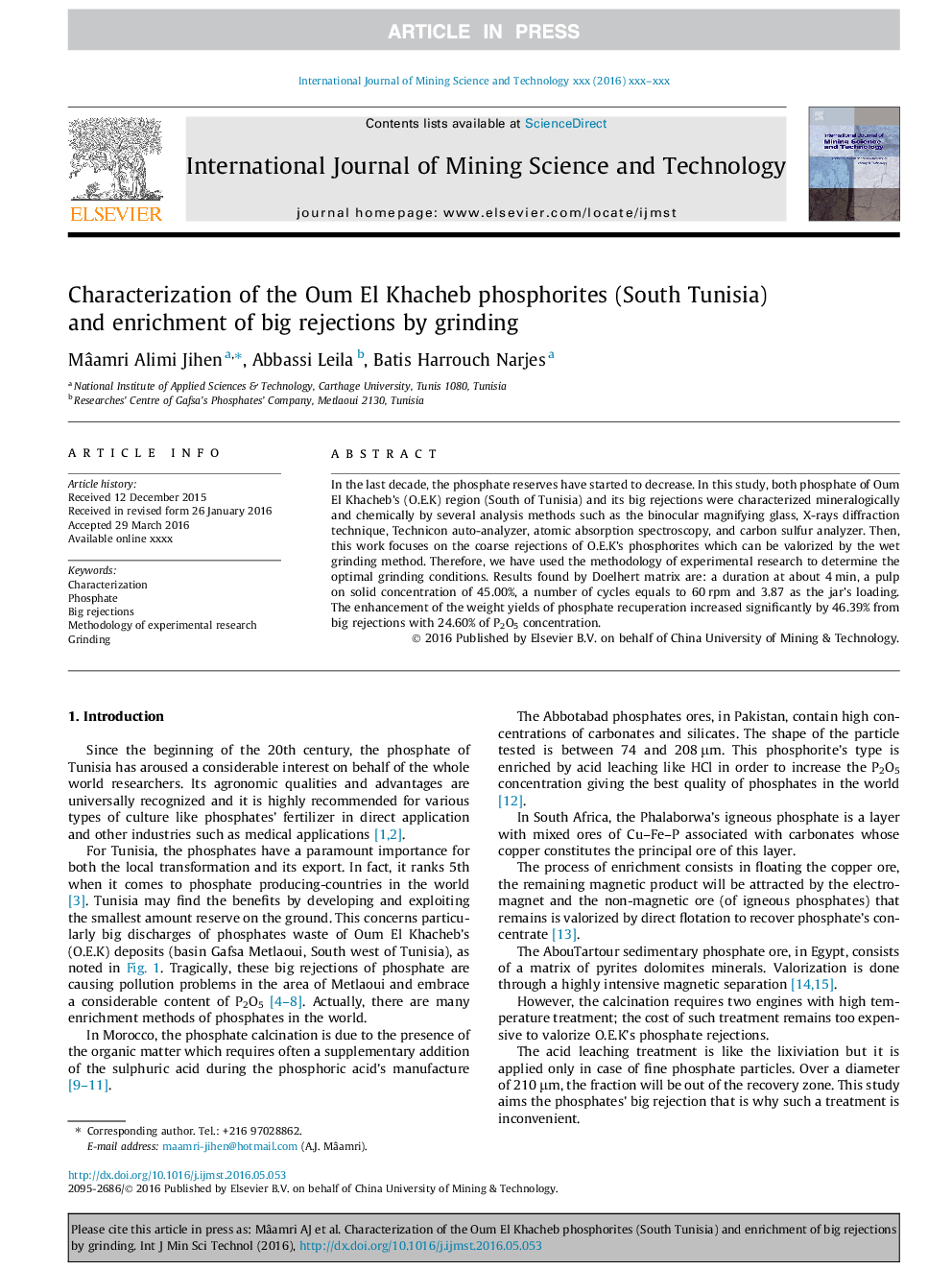 Characterization of the Oum El Khacheb phosphorites (South Tunisia) and enrichment of big rejections by grinding