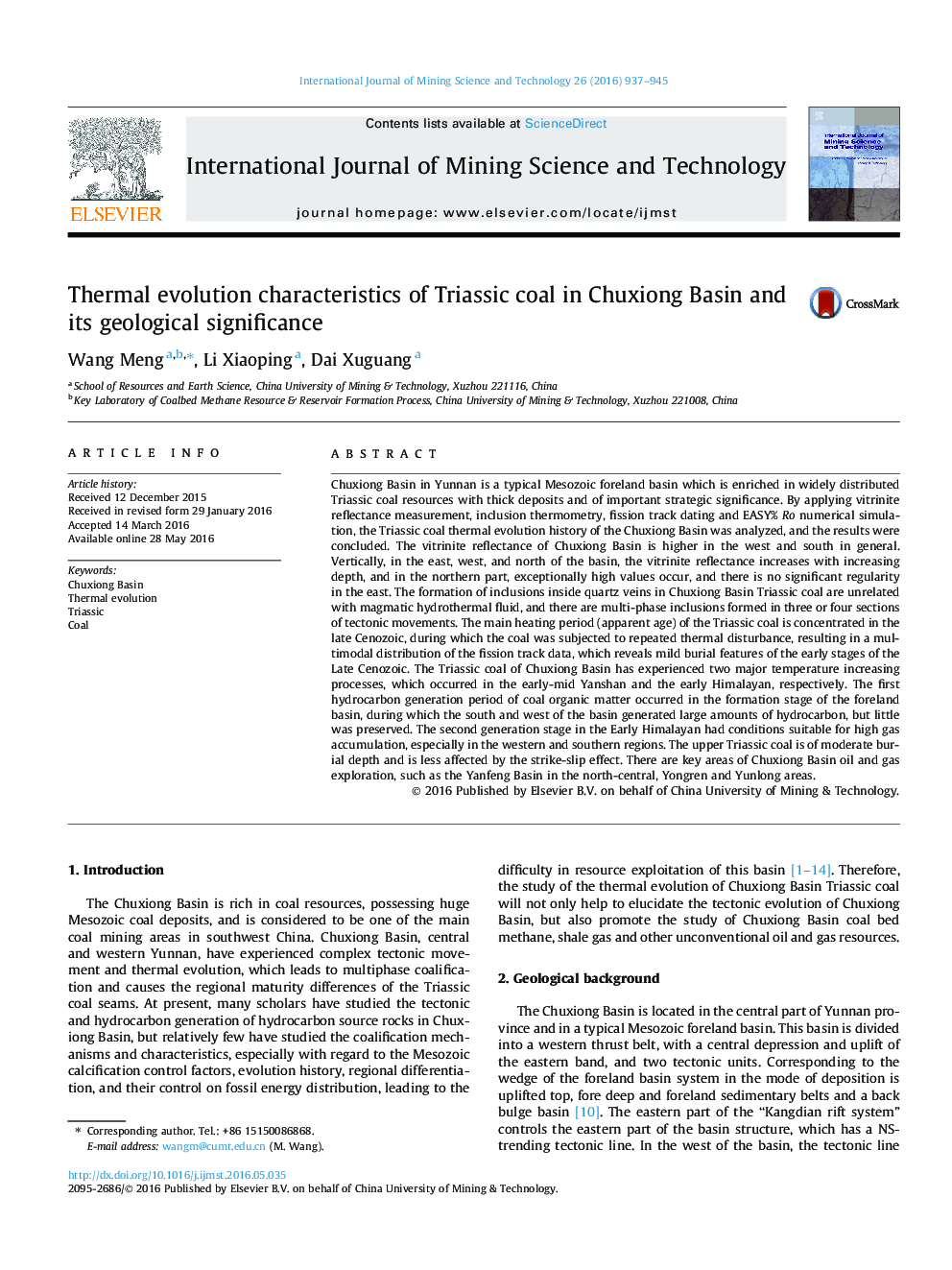 Thermal evolution characteristics of Triassic coal in Chuxiong Basin and its geological significance