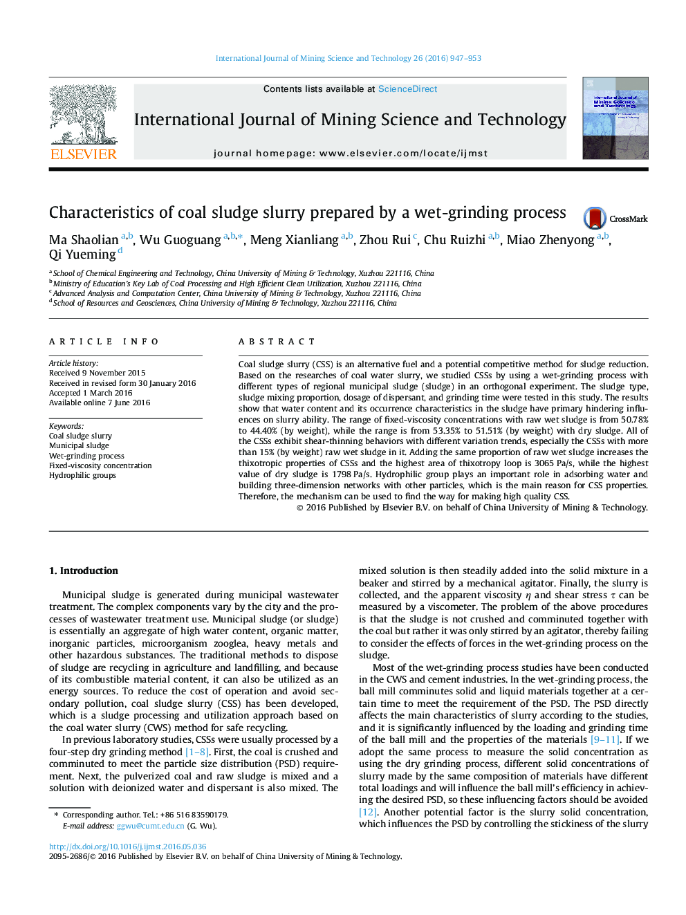 Characteristics of coal sludge slurry prepared by a wet-grinding process