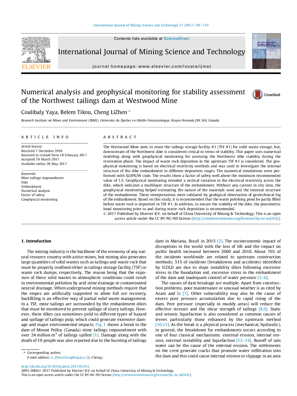 Numerical analysis and geophysical monitoring for stability assessment of the Northwest tailings dam at Westwood Mine