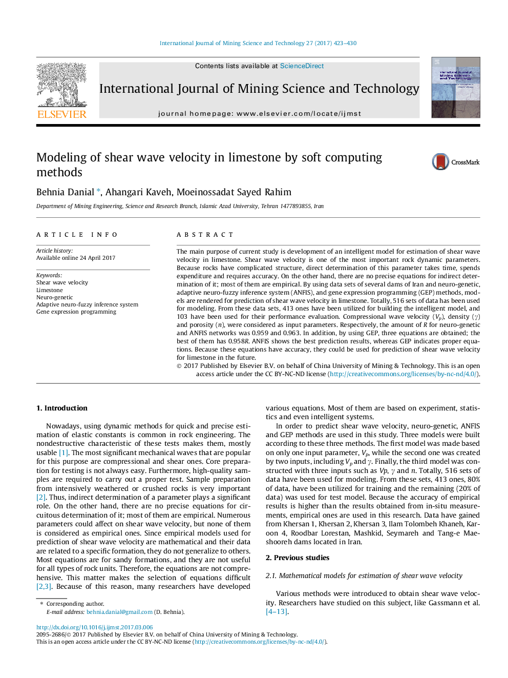 Modeling of shear wave velocity in limestone by soft computing methods