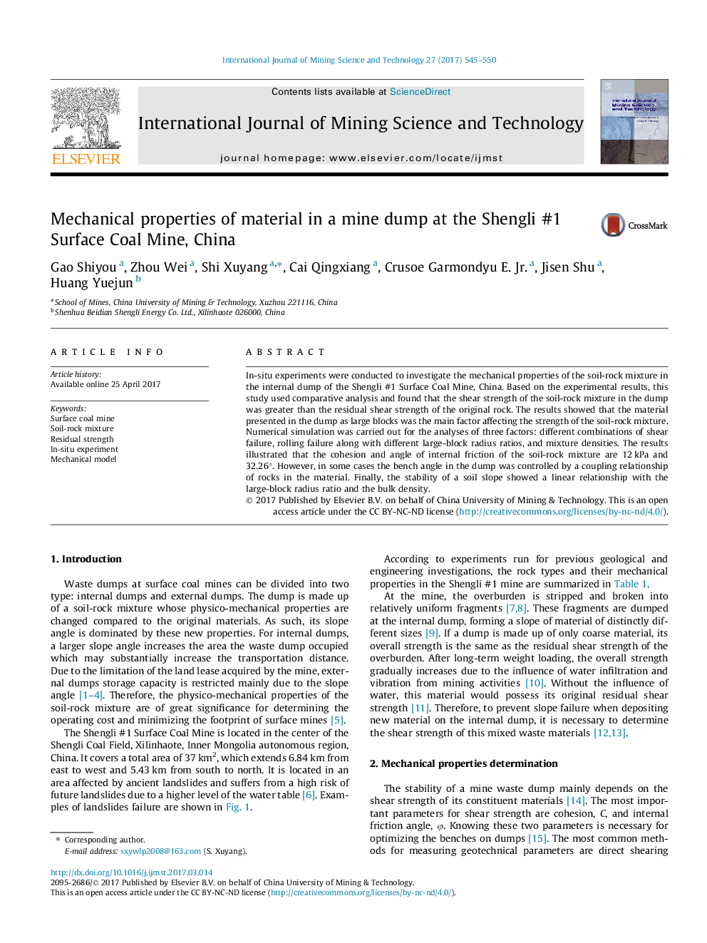 Mechanical properties of material in a mine dump at the Shengli #1 Surface Coal Mine, China