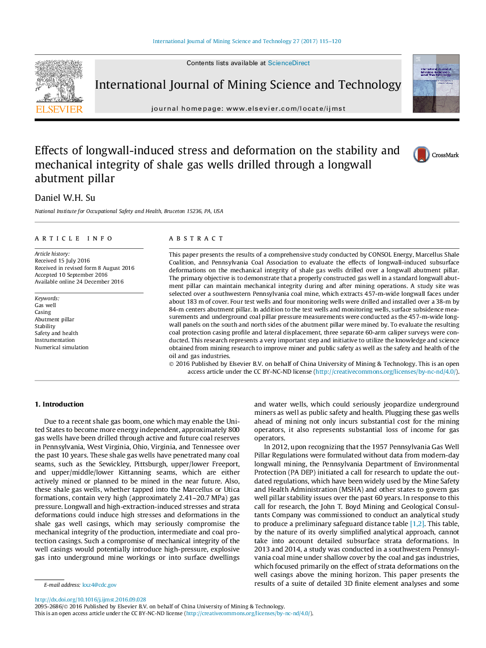 Effects of longwall-induced stress and deformation on the stability and mechanical integrity of shale gas wells drilled through a longwall abutment pillar