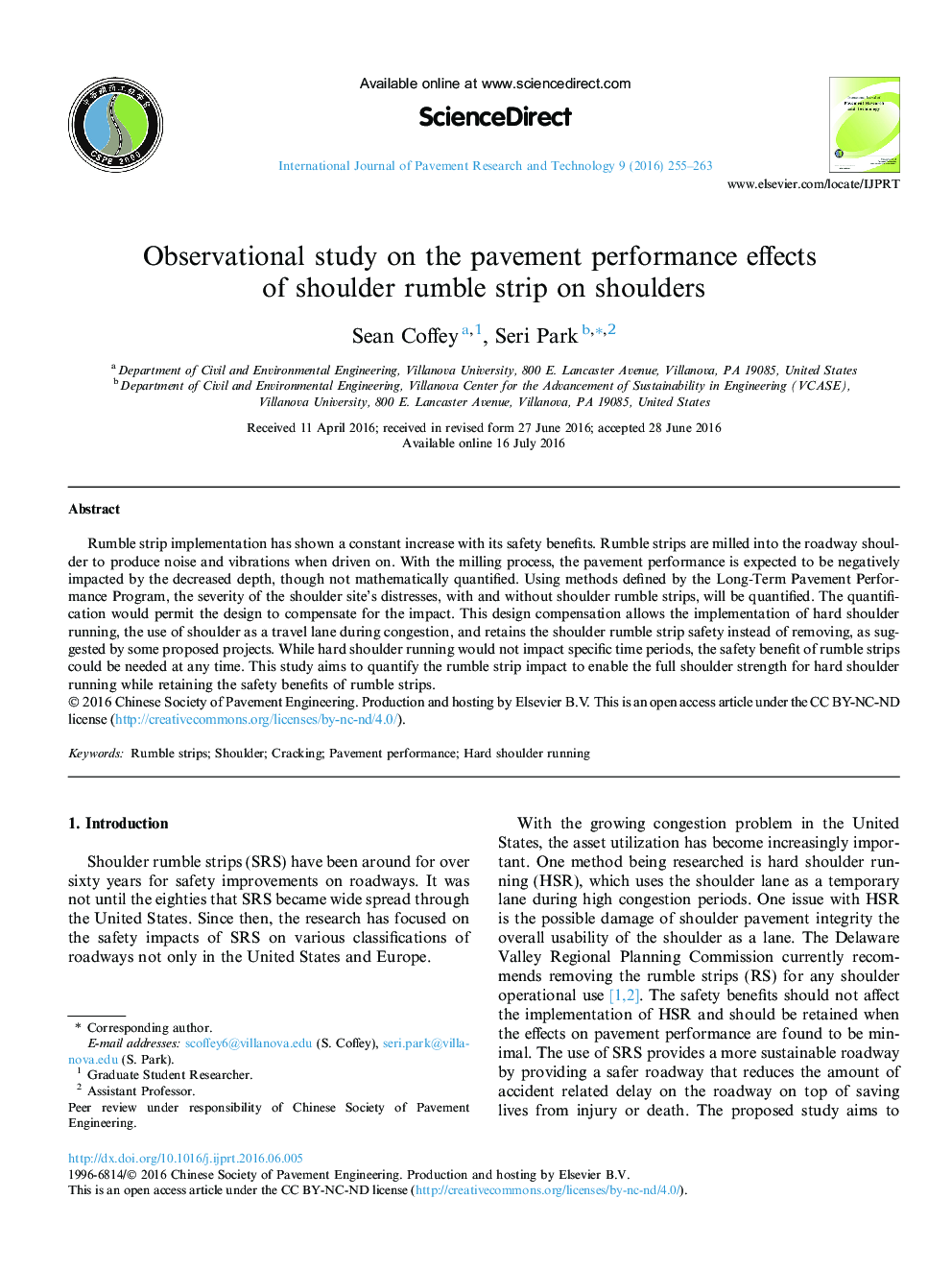 Observational study on the pavement performance effects of shoulder rumble strip on shoulders