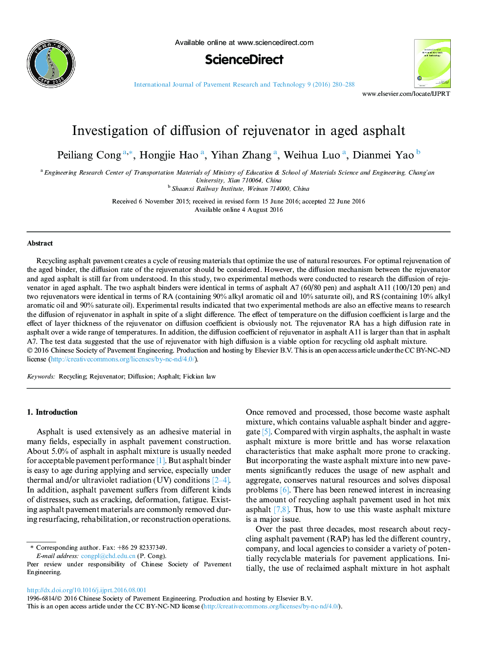 Investigation of diffusion of rejuvenator in aged asphalt