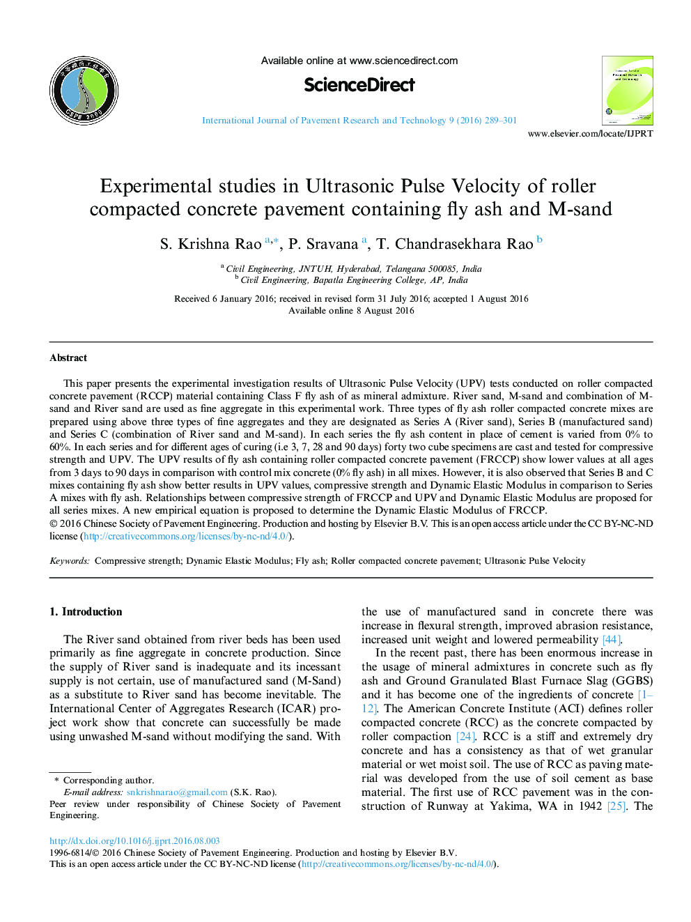 Experimental studies in Ultrasonic Pulse Velocity of roller compacted concrete pavement containing fly ash and M-sand