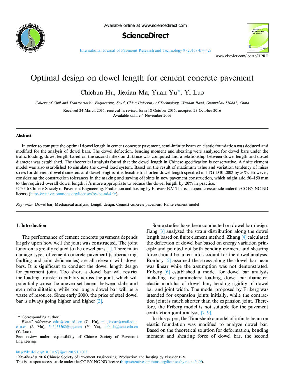 Optimal design on dowel length for cement concrete pavement