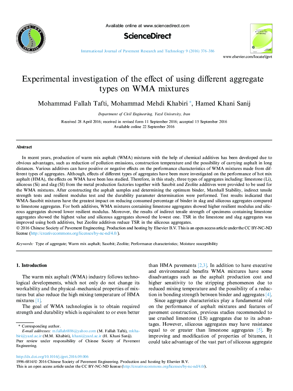 Experimental investigation of the effect of using different aggregate types on WMA mixtures