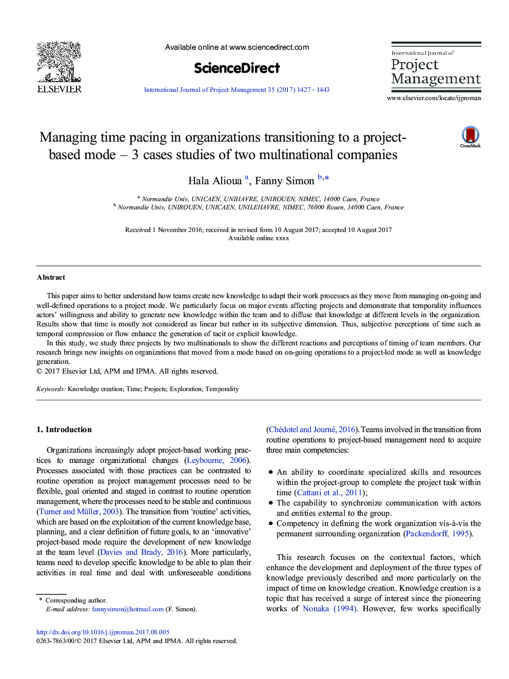 Managing time pacing in organizations transitioning to a project-based mode - 3 cases studies of two multinational companies