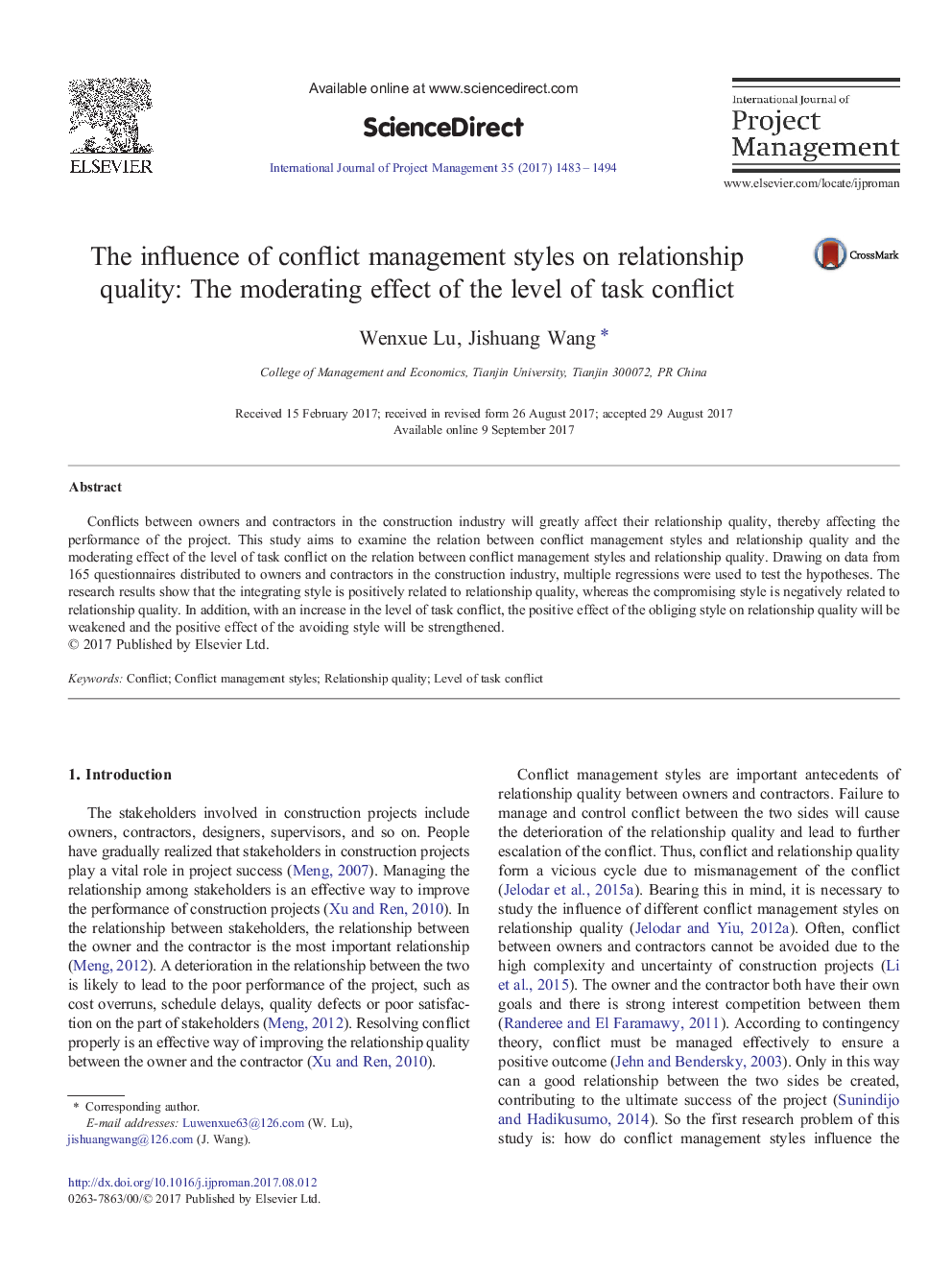 The influence of conflict management styles on relationship quality: The moderating effect of the level of task conflict