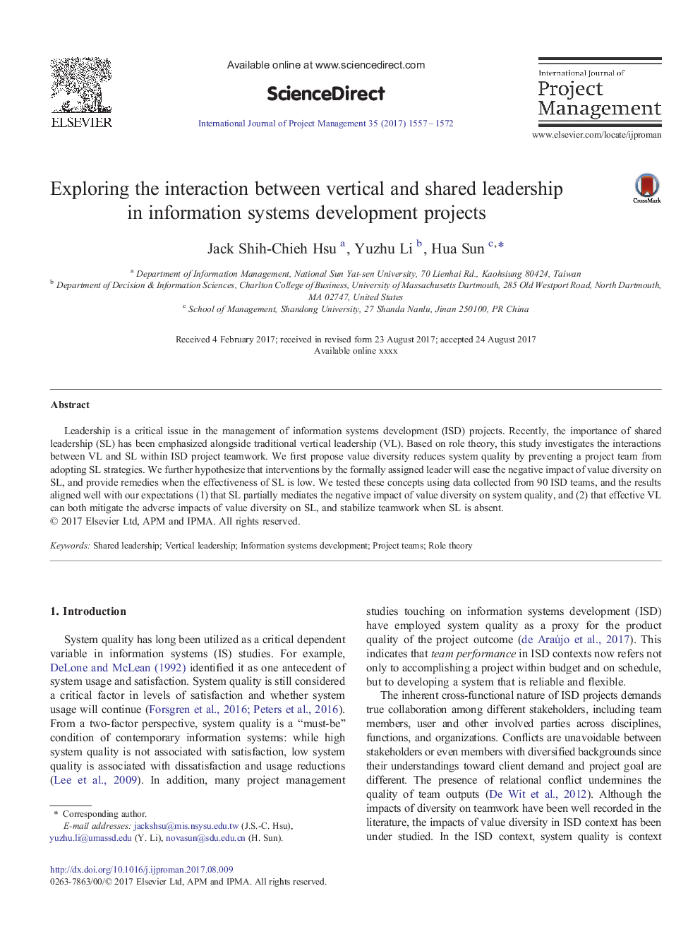 Exploring the interaction between vertical and shared leadership in information systems development projects