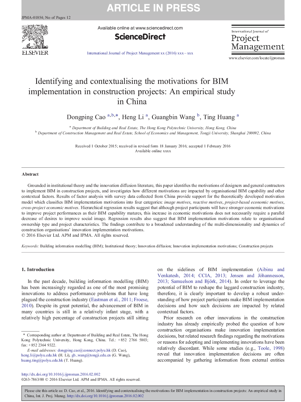 Identifying and contextualising the motivations for BIM implementation in construction projects: An empirical study in China