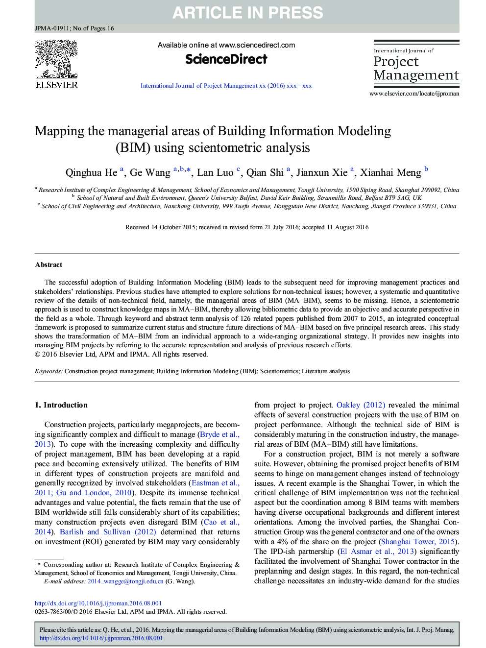 Mapping the managerial areas of Building Information Modeling (BIM) using scientometric analysis