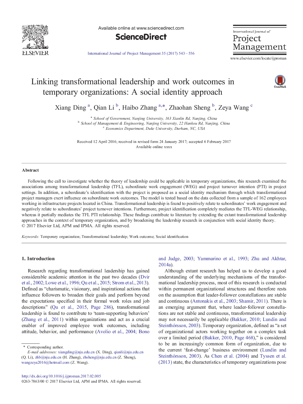 Linking transformational leadership and work outcomes in temporary organizations: A social identity approach