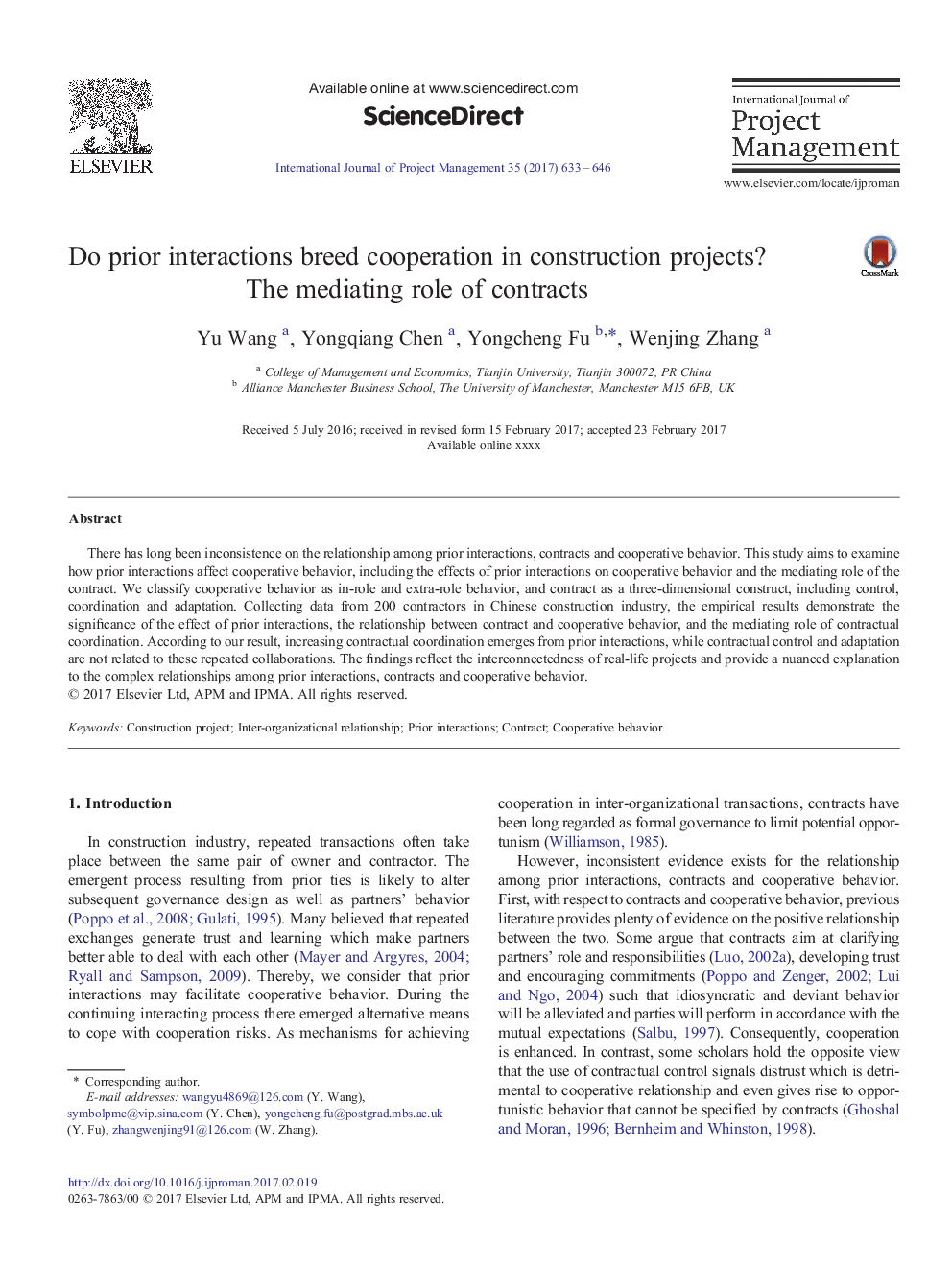 Do prior interactions breed cooperation in construction projects? The mediating role of contracts