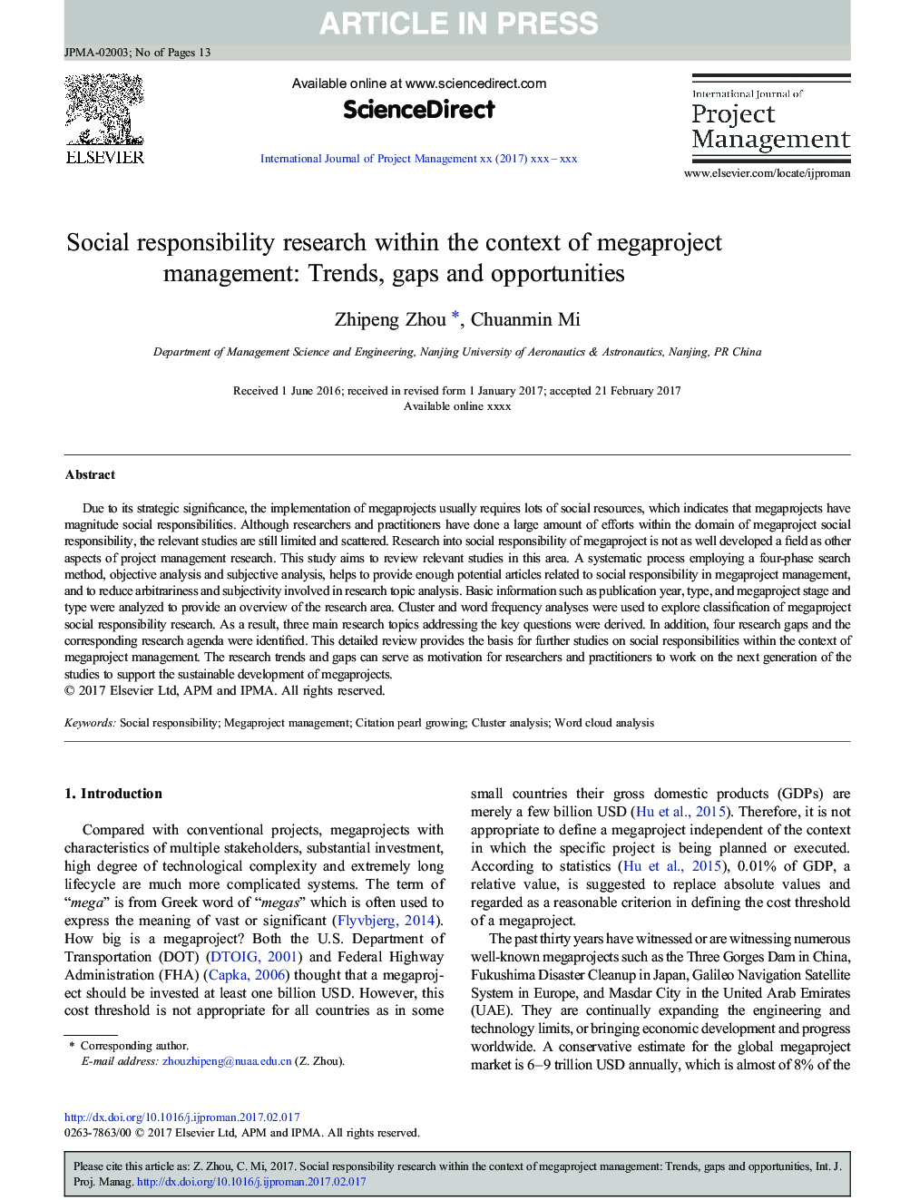 Social responsibility research within the context of megaproject management: Trends, gaps and opportunities