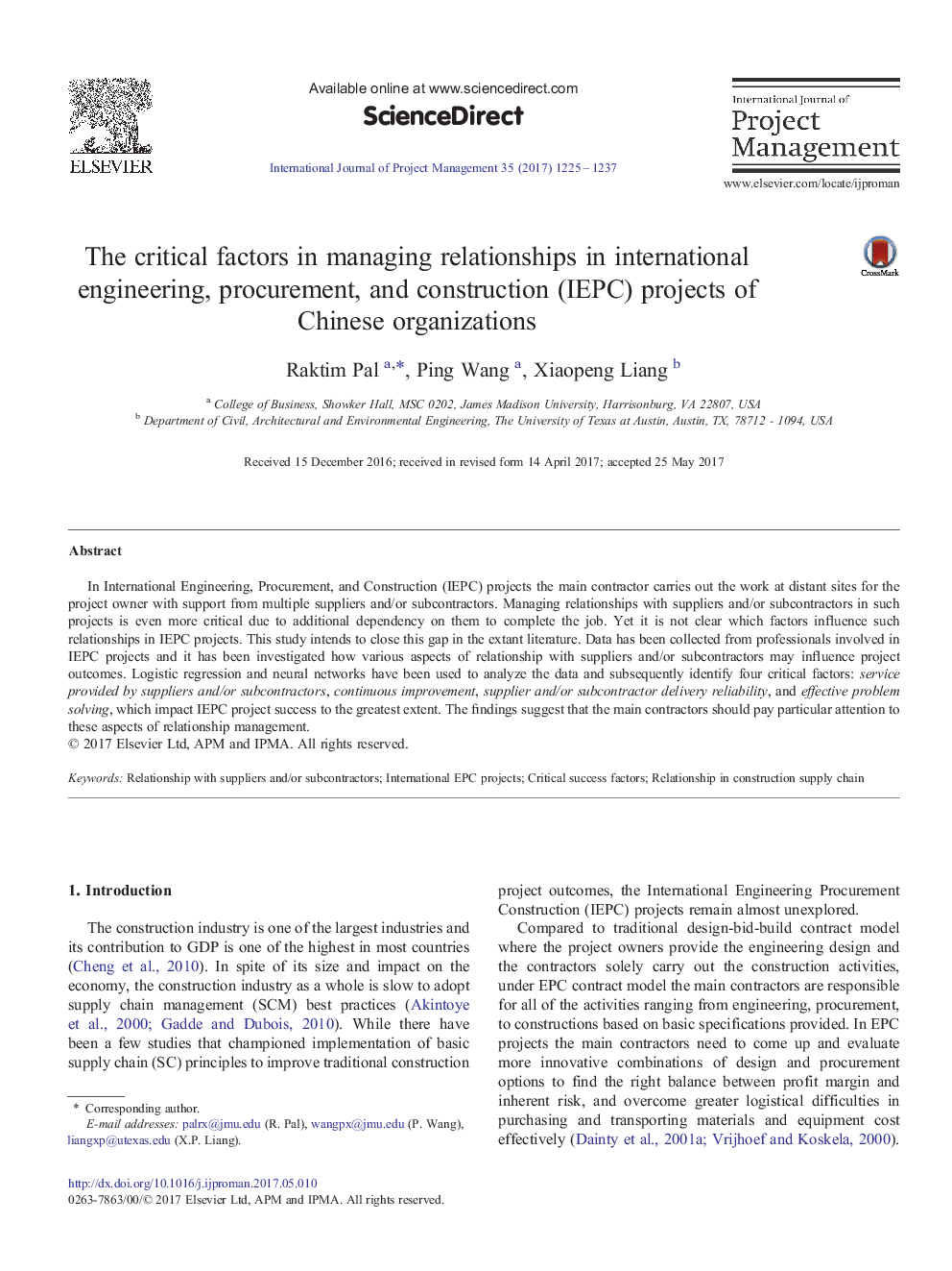 The critical factors in managing relationships in international engineering, procurement, and construction (IEPC) projects of Chinese organizations