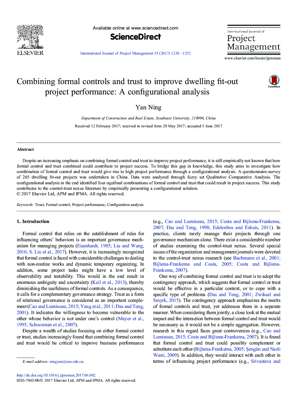 Combining formal controls and trust to improve dwelling fit-out project performance: A configurational analysis