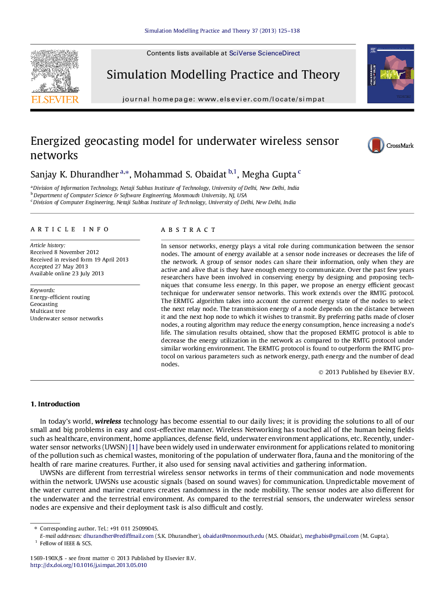 Energized geocasting model for underwater wireless sensor networks