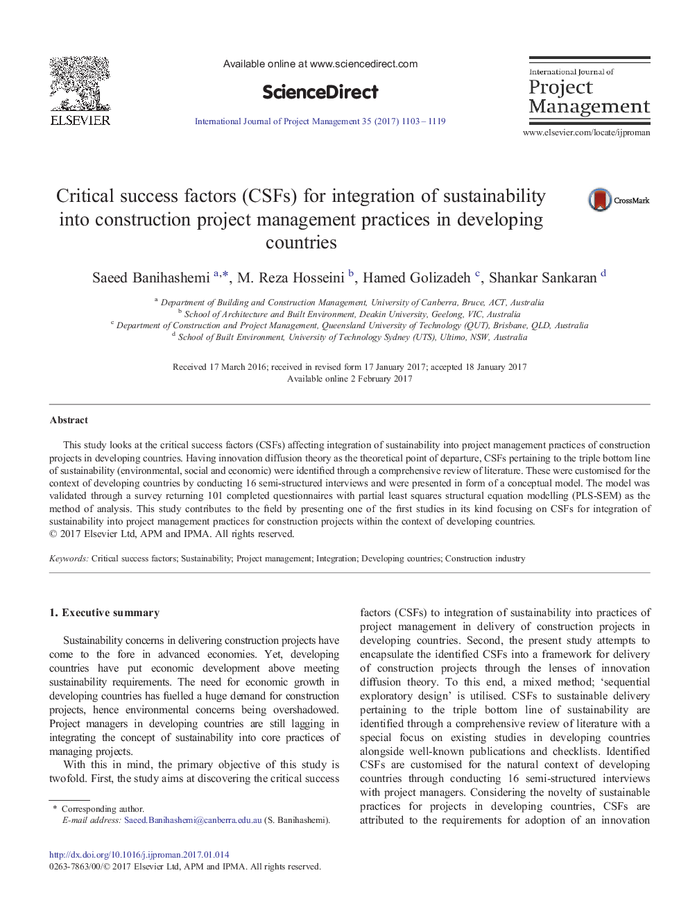 Critical success factors (CSFs) for integration of sustainability into construction project management practices in developing countries