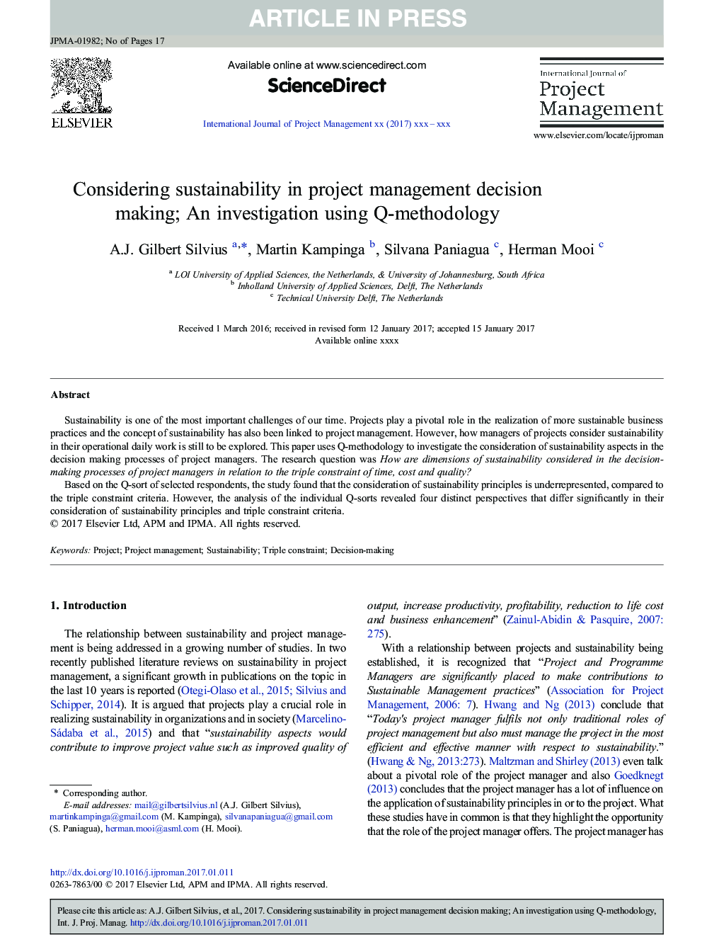 Considering sustainability in project management decision making; An investigation using Q-methodology