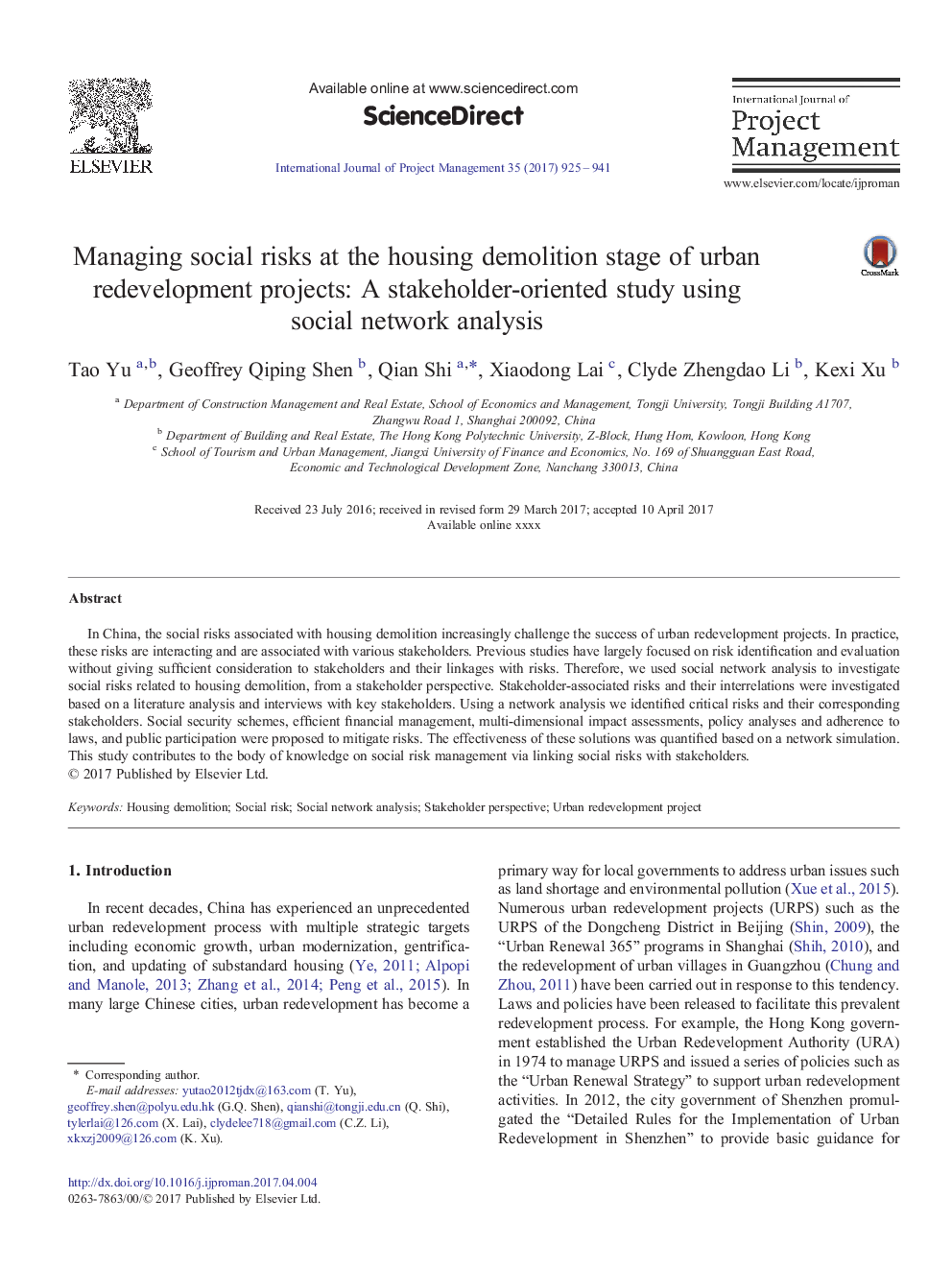 Managing social risks at the housing demolition stage of urban redevelopment projects: A stakeholder-oriented study using social network analysis