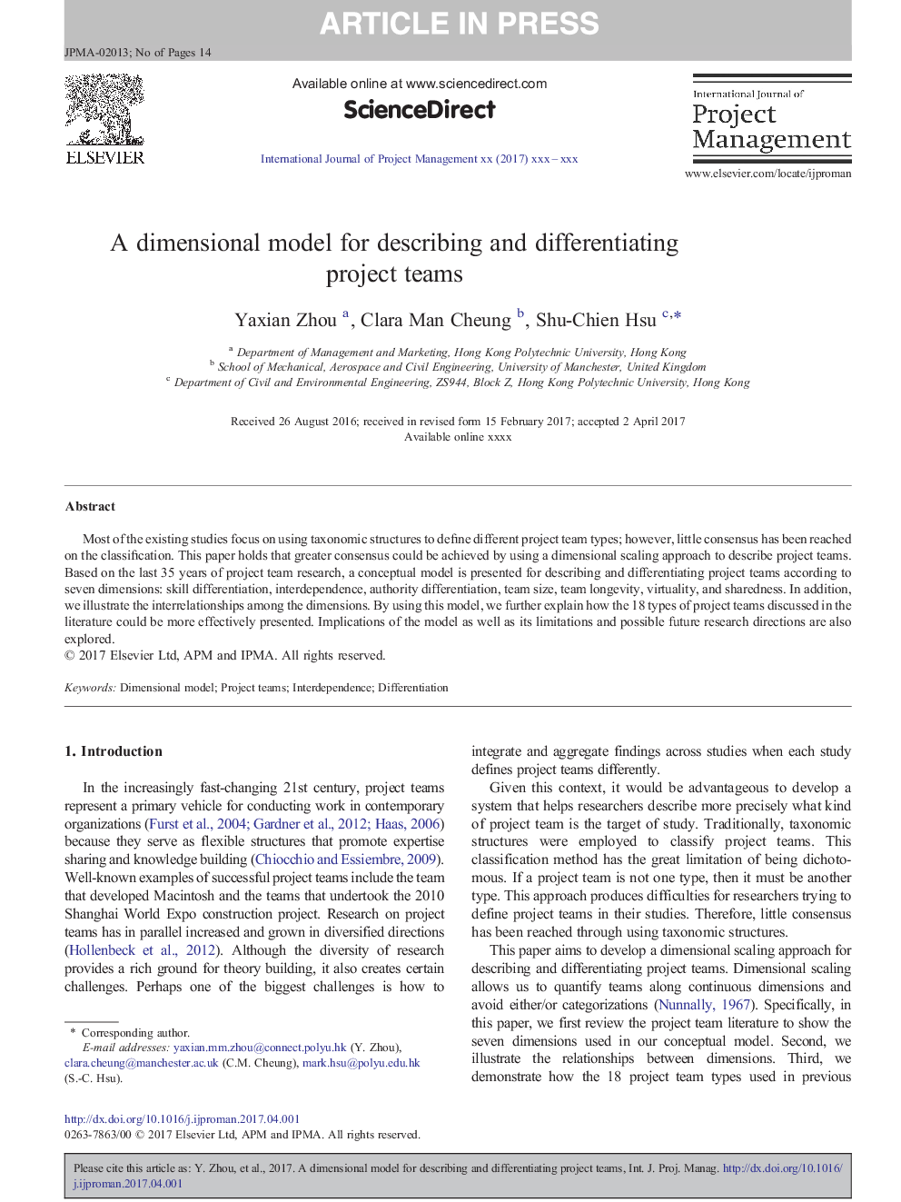 A dimensional model for describing and differentiating project teams