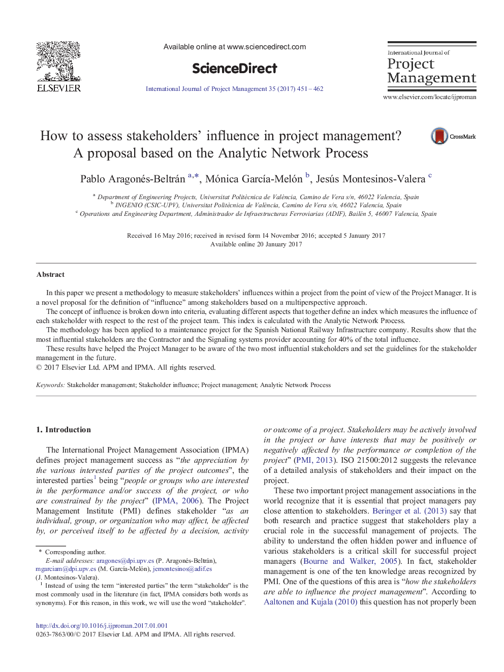 How to assess stakeholders' influence in project management? A proposal based on the Analytic Network Process