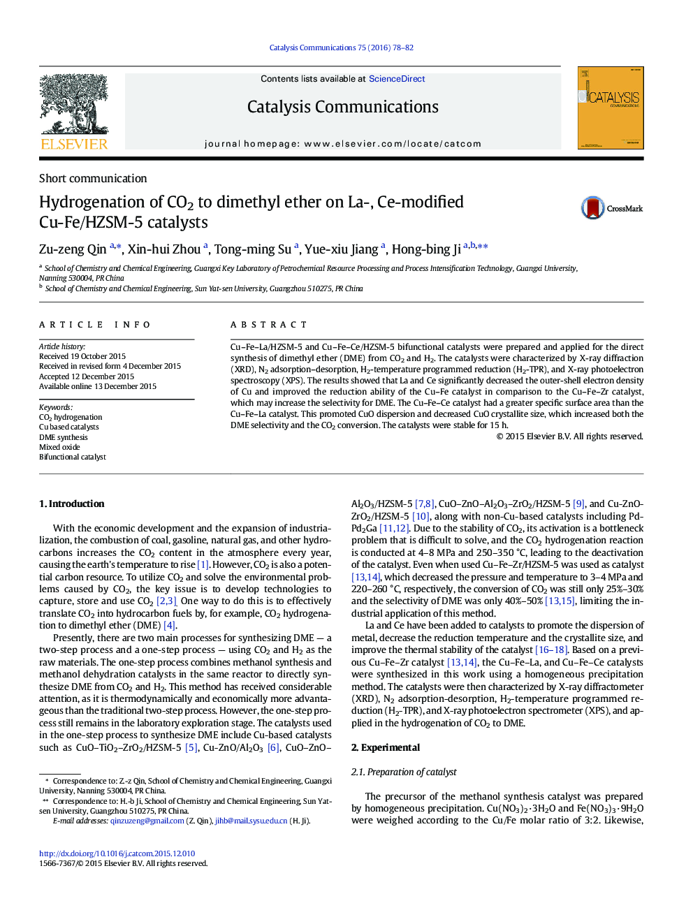 Hydrogenation of CO2 to dimethyl ether on La-, Ce-modified Cu-Fe/HZSM-5 catalysts