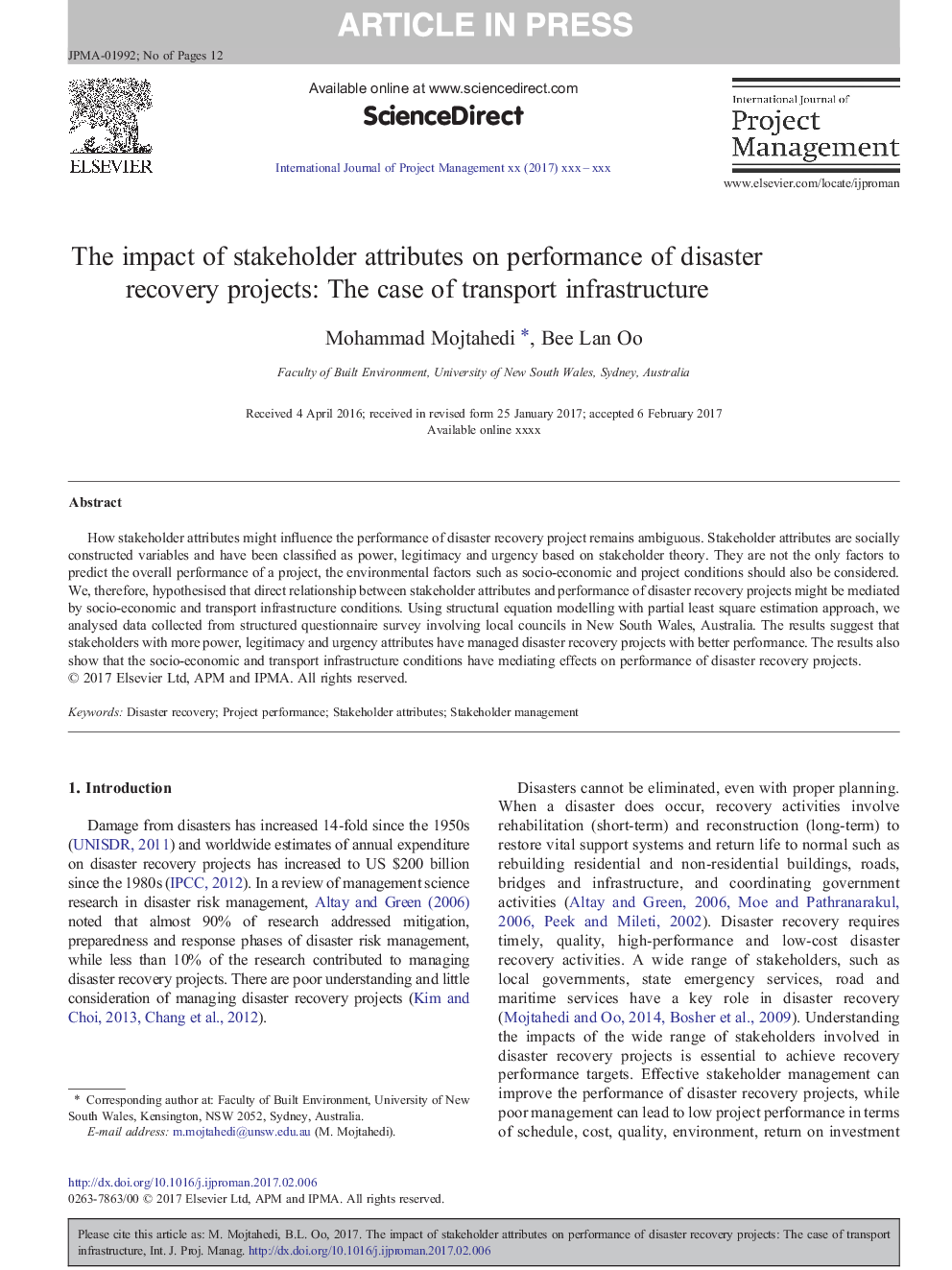 The impact of stakeholder attributes on performance of disaster recovery projects: The case of transport infrastructure