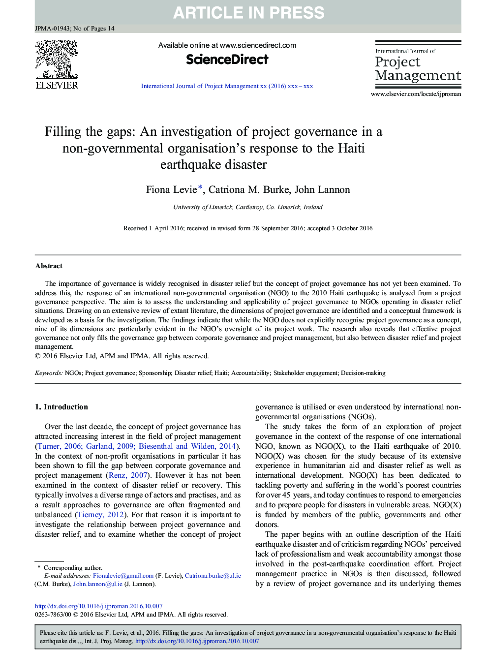 Filling the gaps: An investigation of project governance in a non-governmental organisation's response to the Haiti earthquake disaster