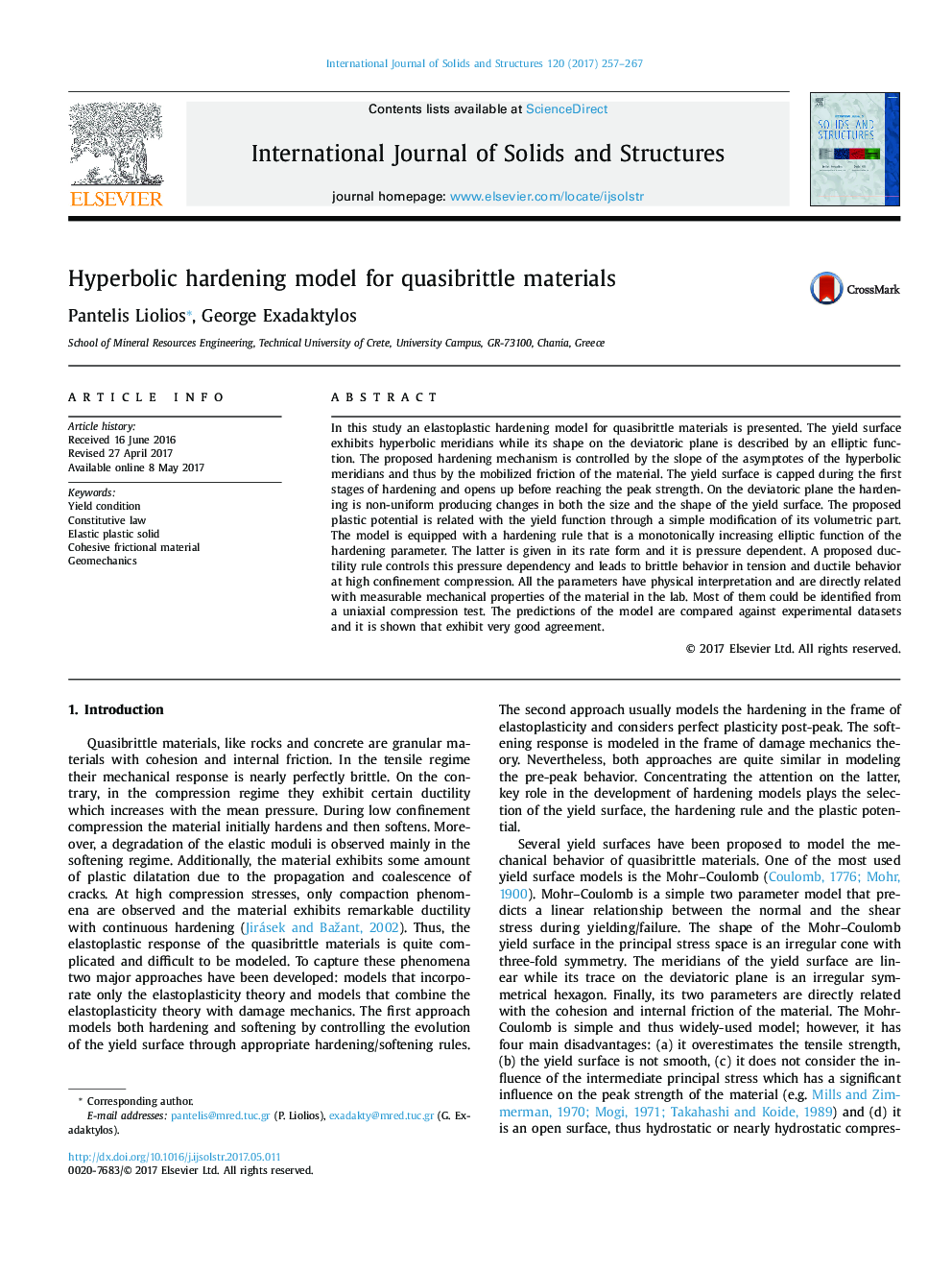 Hyperbolic hardening model for quasibrittle materials