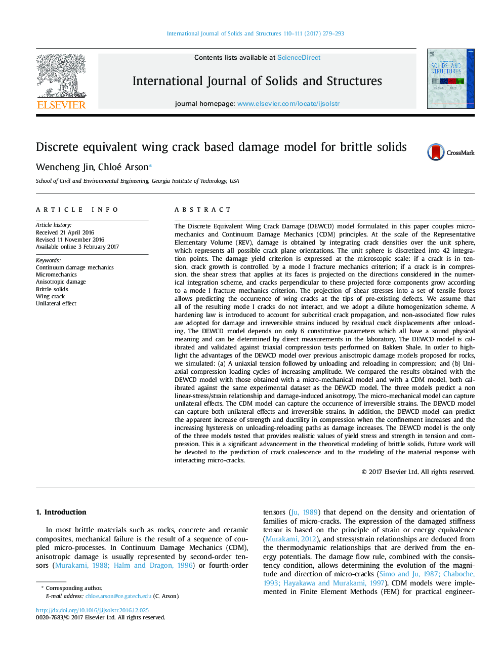 Discrete equivalent wing crack based damage model for brittle solids