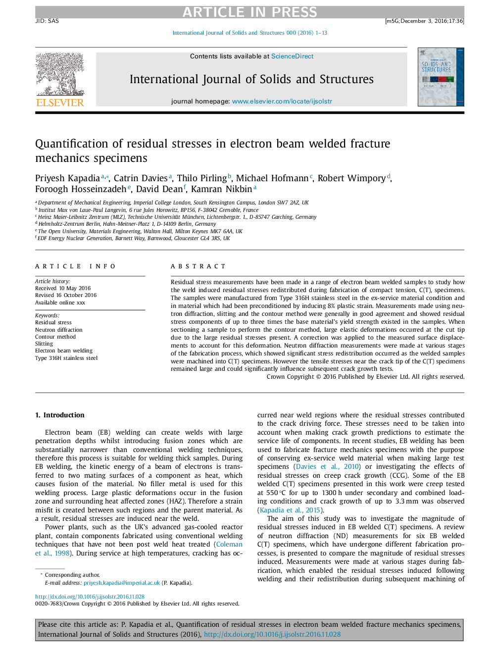 Quantification of residual stresses in electron beam welded fracture mechanics specimens