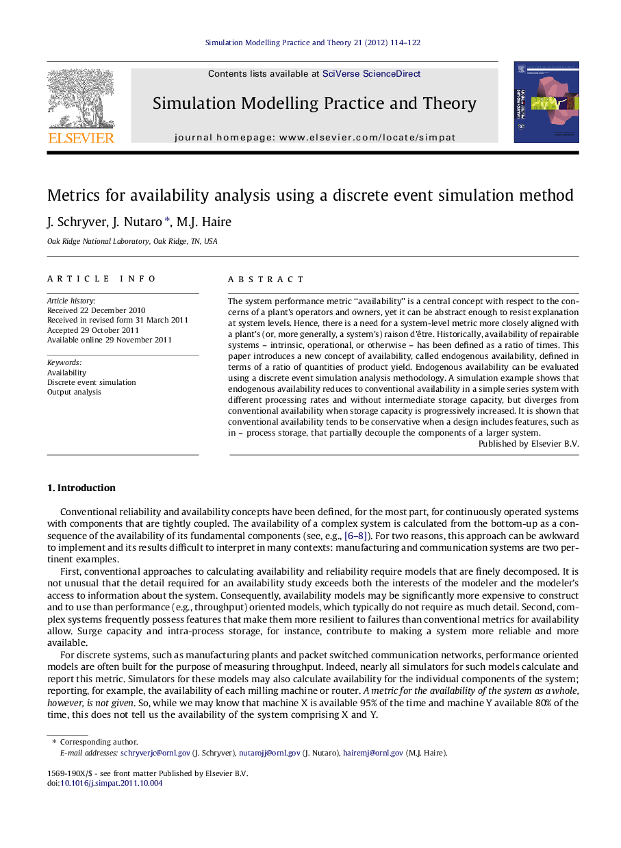 Metrics for availability analysis using a discrete event simulation method