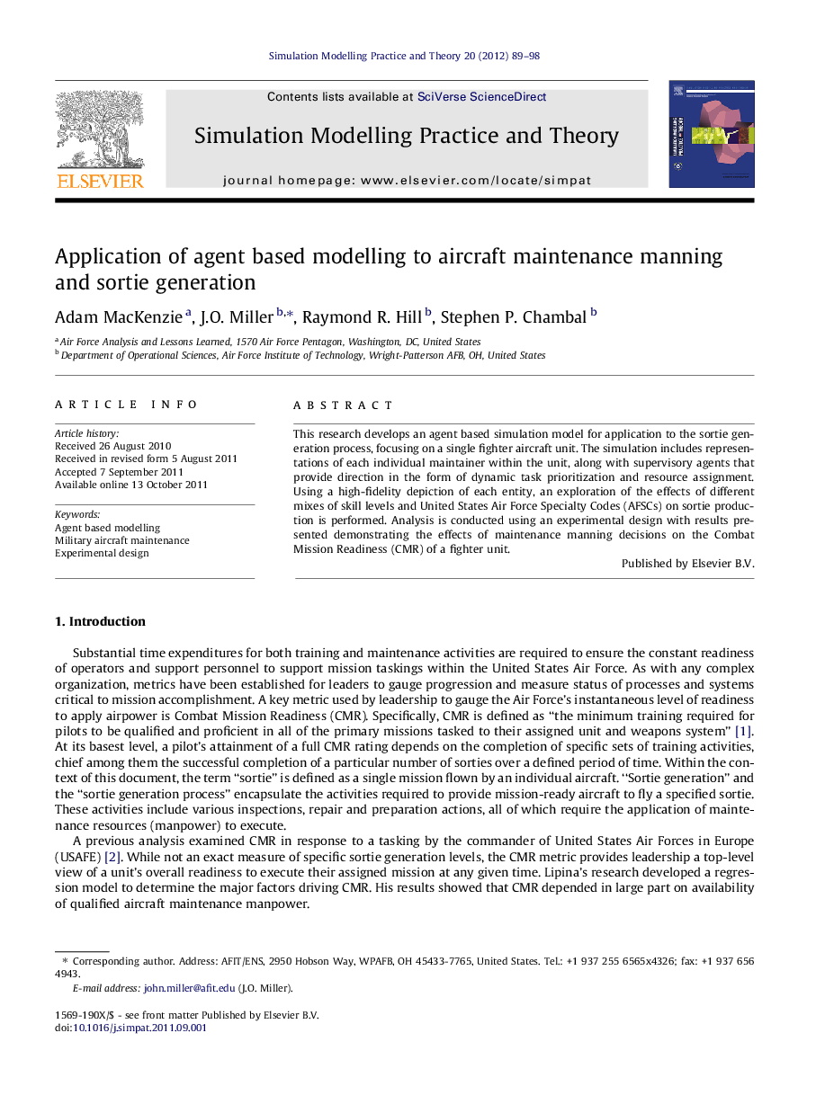 Application of agent based modelling to aircraft maintenance manning and sortie generation