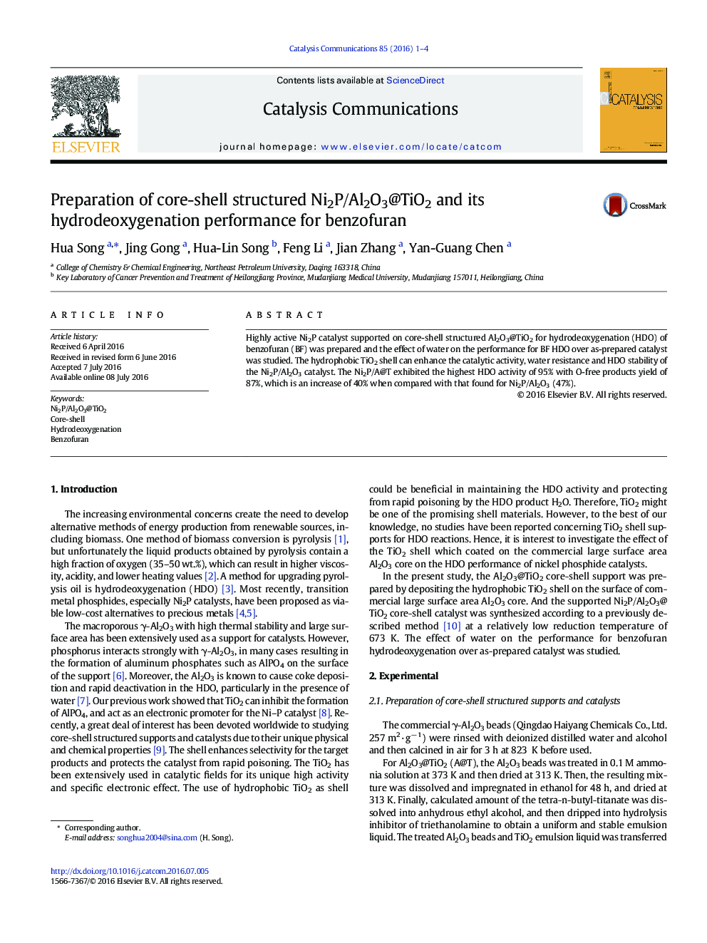 آماده سازی Ni2P/Al2O3@TiO2  با ساختار هسته ـ پوسته و عملکرد hydrodeoxygenation آن برای بنزوفوران