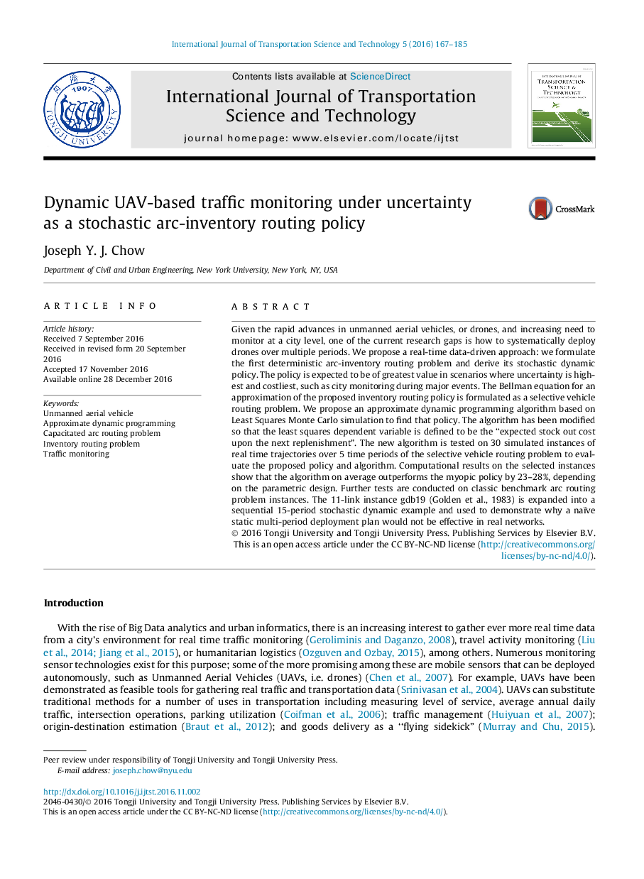 Dynamic UAV-based traffic monitoring under uncertainty as a stochastic arc-inventory routing policy