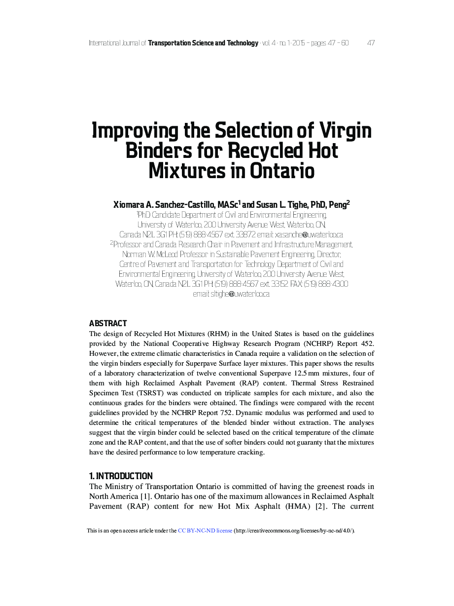 Improving the Selection of Virgin Binders for Recycled Hot Mixtures in Ontario