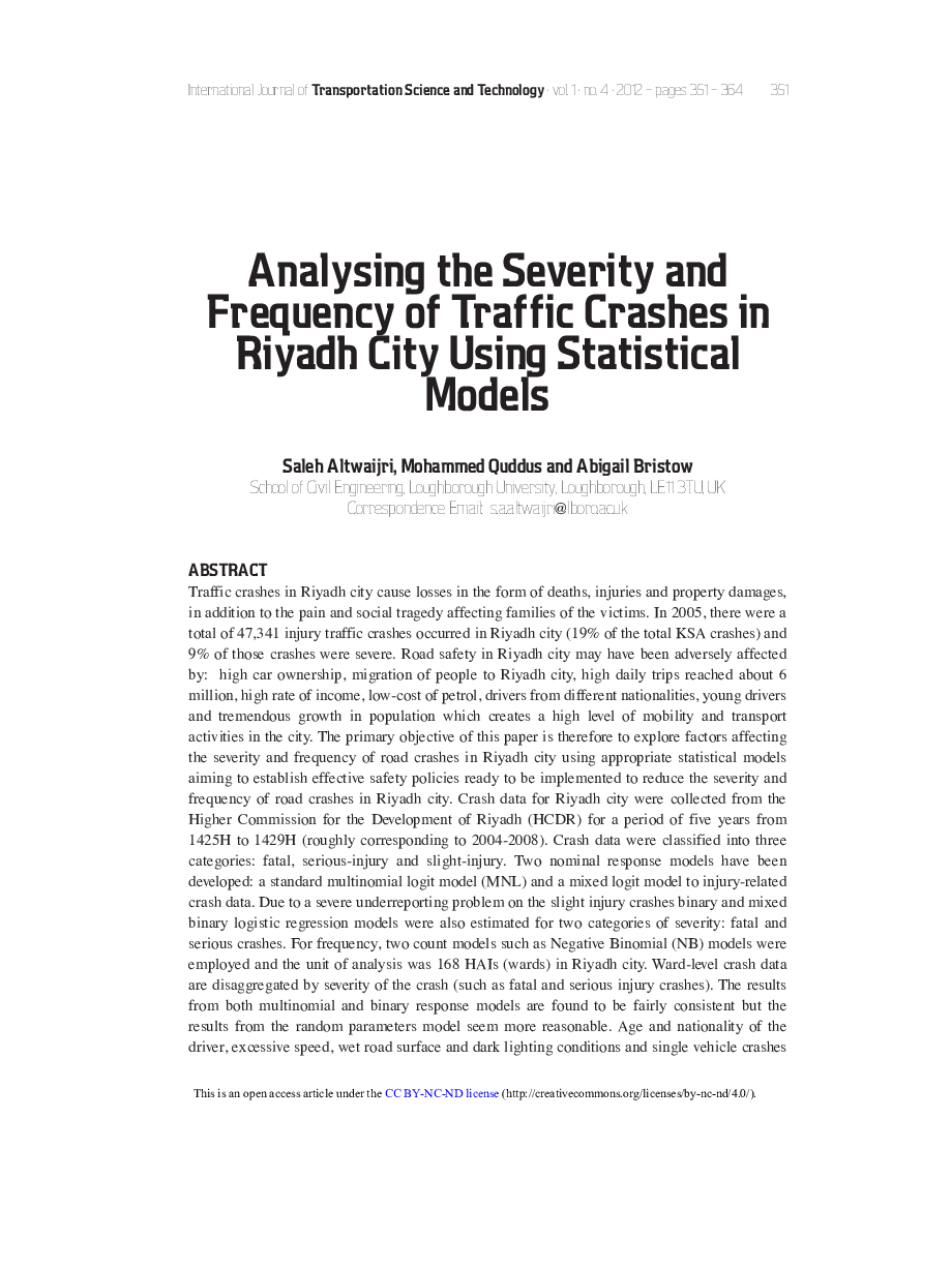 Analysing the Severity and Frequency of Traffic Crashes in Riyadh City Using Statistical Models
