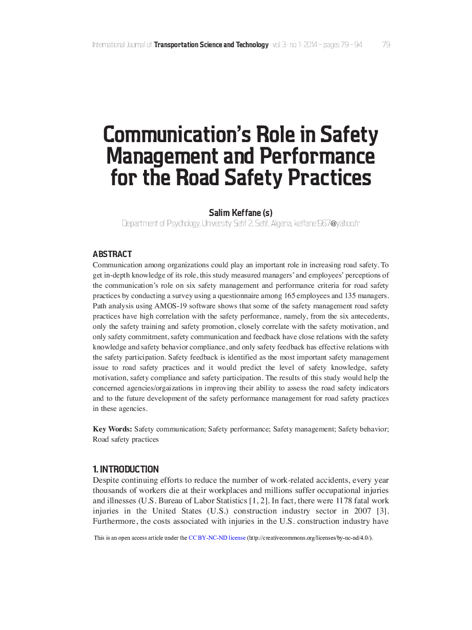 Communication's Role in Safety Management and Performance for the Road Safety Practices