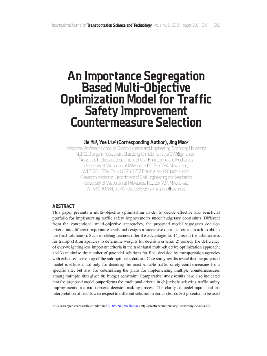 An Importance Segregation Based Multi-Objective Optimization Model for Traffic Safety Improvement Countermeasure Selection