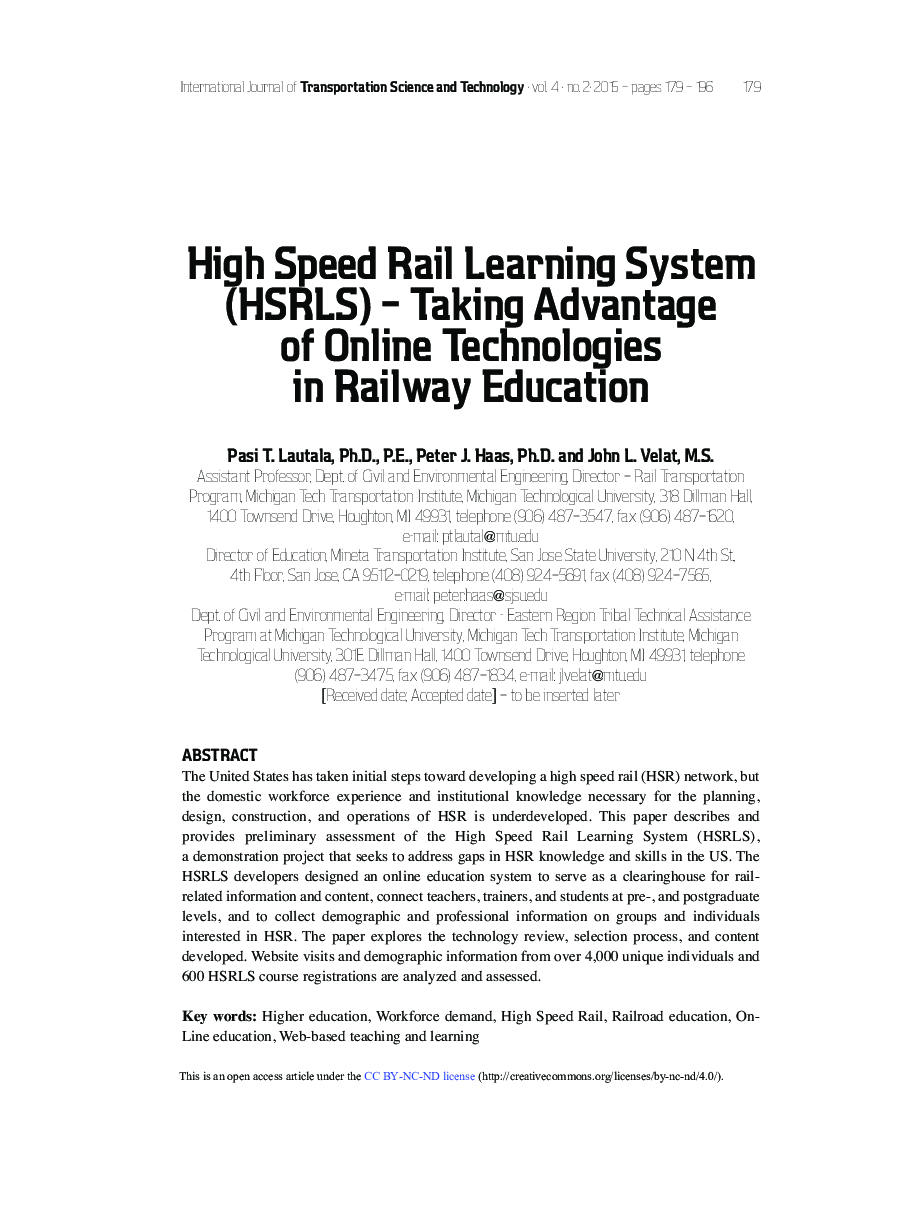 Research ArticleHigh Speed Rail Learning System (HSRLS) - Taking Advantage of Online Technologies in Railway Education