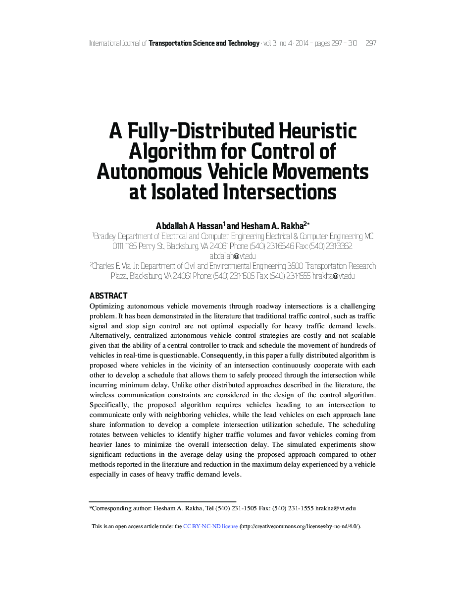 A Fully-Distributed Heuristic Algorithm for Control of Autonomous Vehicle Movements at Isolated Intersections