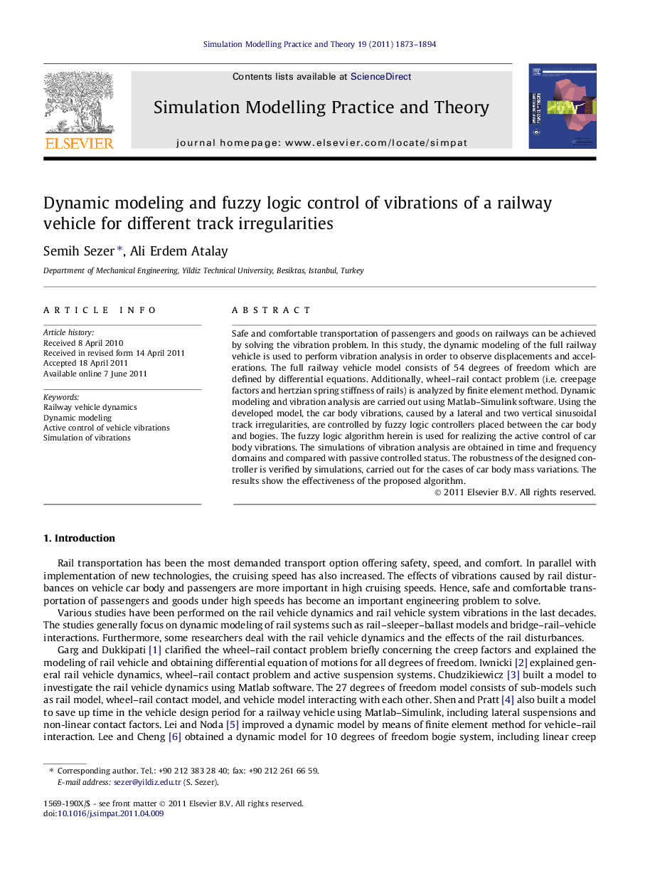 Dynamic modeling and fuzzy logic control of vibrations of a railway vehicle for different track irregularities